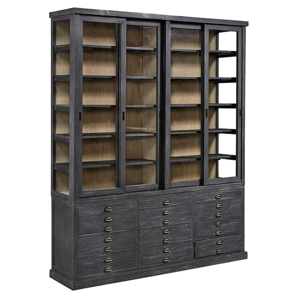 75" Wide - Malen Rustic Lodge Black Wood Glass Doors China Cabinet