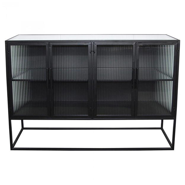 47" Jamir Industrial Loft Clear Glass Black Iron 4 Door Sideboard