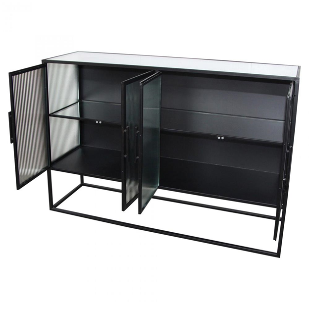 47" Jamir Industrial Loft Clear Glass Black Iron 4 Door Sideboard