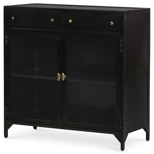 35 " Katren Industrial Loft Black Metal Clear Tempered Glass 2 Door Sideboard