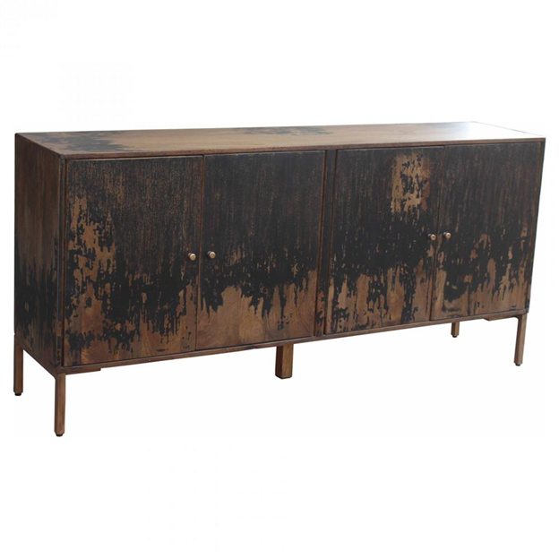 71" Kennan Rustic Lodge Gold-Stained Black Mango Wood Brown Iron 4 Door Sideboard
