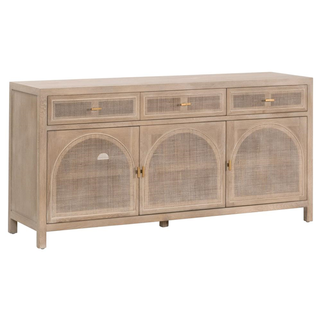 63" Lulu Coastal Beach Grey Oak Wood Woven Cane Panel 3 Drawer 3 Door Sideboard