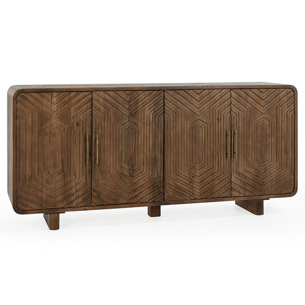 78" Sherwood Mid Century Modern Brown Mango Wood Patterned 4 Door Sideboard