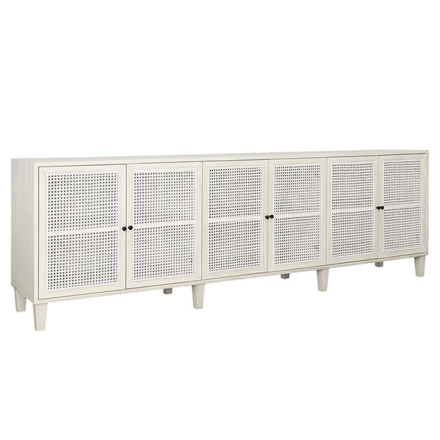 109" Gabriel Coastal Beach White Acacia Wood Woven Rattan Sideboard