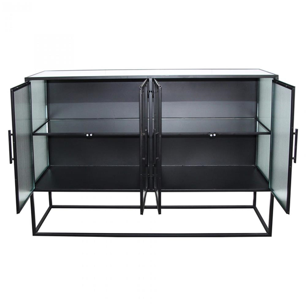 47" Jamir Industrial Loft Clear Glass Black Iron 4 Door Sideboard