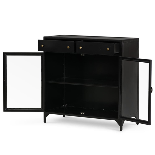 35 " Katren Industrial Loft Black Metal Clear Tempered Glass 2 Door Sideboard