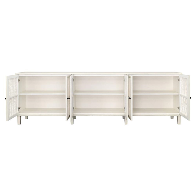 109" Gabriel Coastal Beach White Acacia Wood Woven Rattan Sideboard