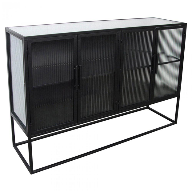 47" Jamir Industrial Loft Clear Glass Black Iron 4 Door Sideboard