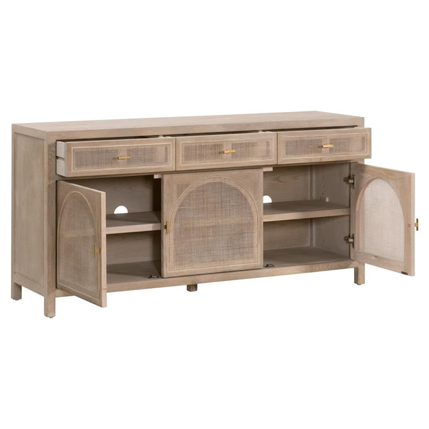 63" Lulu Coastal Beach Grey Oak Wood Woven Cane Panel 3 Drawer 3 Door Sideboard