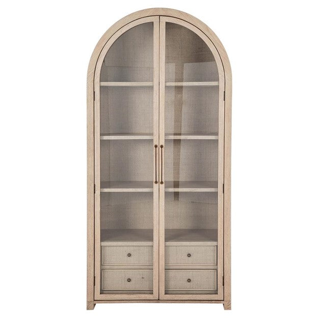 Elsa Natural Wood Glass Door Woven Rattan Drawer China Arched Cabinet