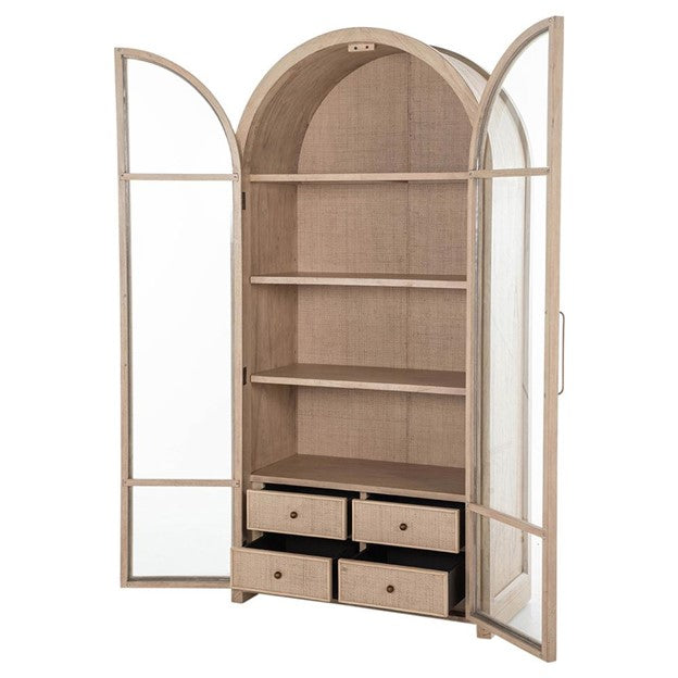 Elsa Natural Wood Glass Door Woven Rattan Drawer China Arched Cabinet