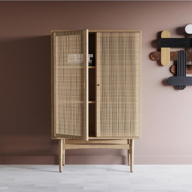 Hunter Mid Century Modern Natural Oak Wood Woven Cord China Cabinet