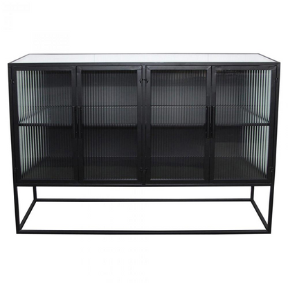 47" Jamir Industrial Loft Clear Glass Black Iron 4 Door Sideboard