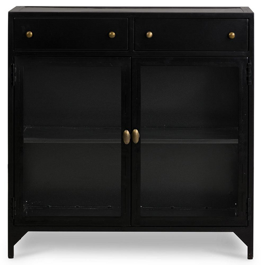 35 " Katren Industrial Loft Black Metal Clear Tempered Glass 2 Door Sideboard