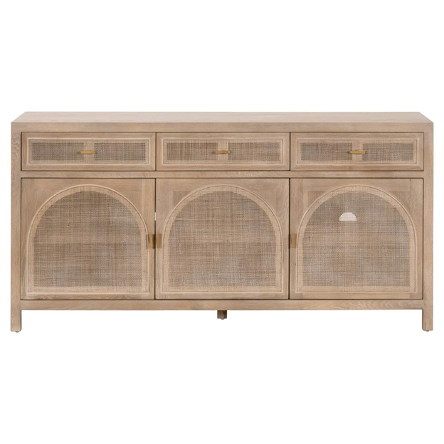 63" Lulu Coastal Beach Grey Oak Wood Woven Cane Panel 3 Drawer 3 Door Sideboard