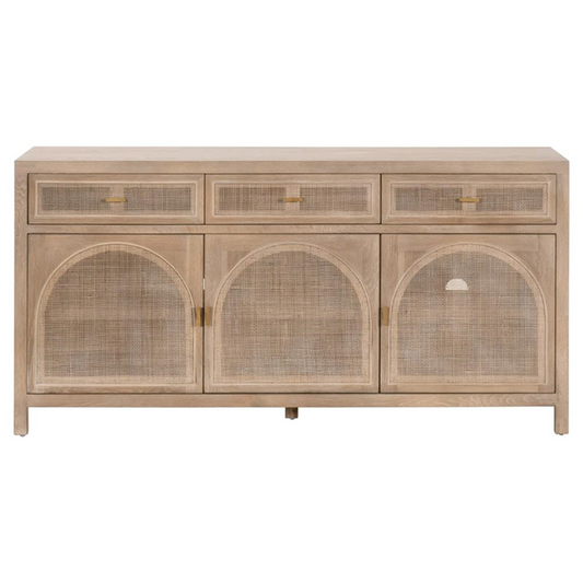 63" Lulu Coastal Beach Grey Oak Wood Woven Cane Panel 3 Drawer 3 Door Sideboard