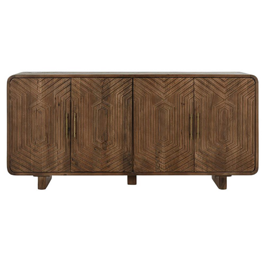 78" Sherwood Mid Century Modern Brown Mango Wood Patterned 4 Door Sideboard