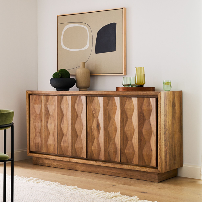 72" Wide - Burnt Wax - Carved Pattern Solid Wood Buffet
