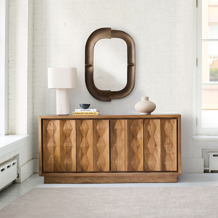 72" Wide - Burnt Wax - Carved Pattern Solid Wood Buffet