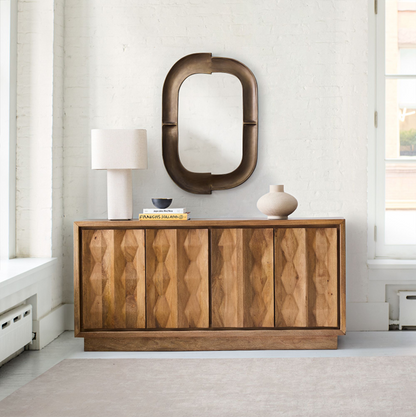 72" Wide - Burnt Wax - Carved Pattern Solid Wood Buffet