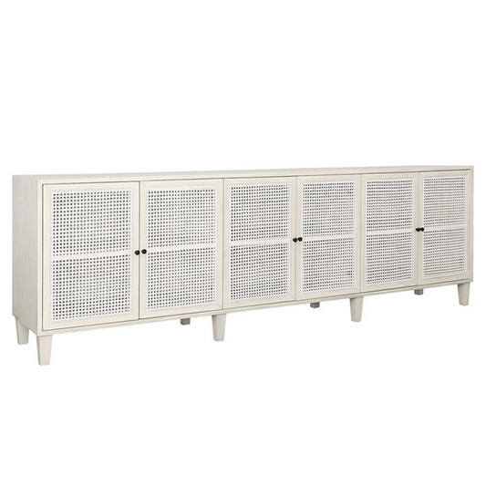 109" Gabriel Coastal Beach White Acacia Wood Woven Rattan Sideboard
