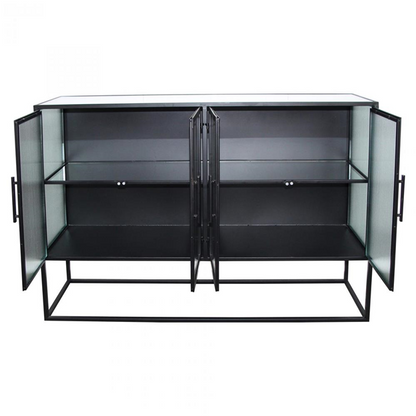 47" Jamir Industrial Loft Clear Glass Black Iron 4 Door Sideboard