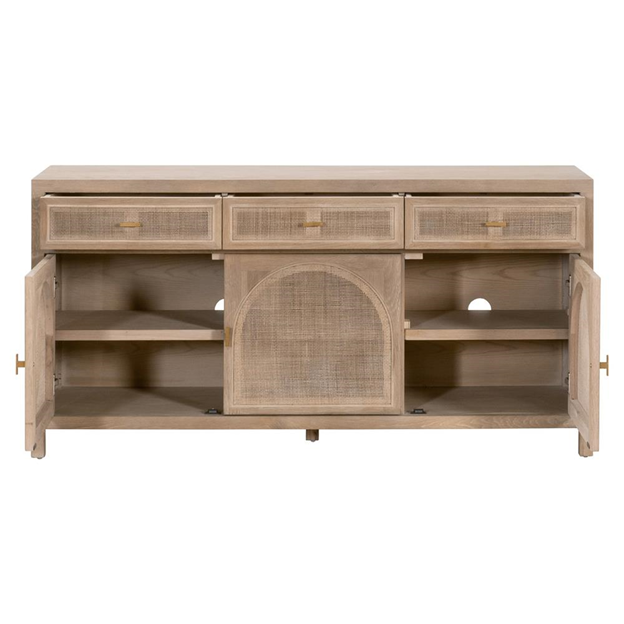 63" Lulu Coastal Beach Grey Oak Wood Woven Cane Panel 3 Drawer 3 Door Sideboard