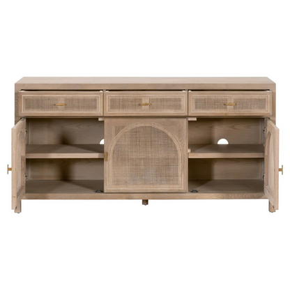 63" Lulu Coastal Beach Grey Oak Wood Woven Cane Panel 3 Drawer 3 Door Sideboard