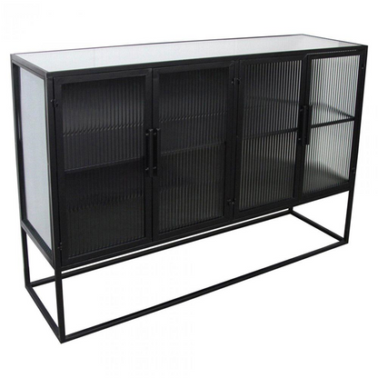 47" Jamir Industrial Loft Clear Glass Black Iron 4 Door Sideboard
