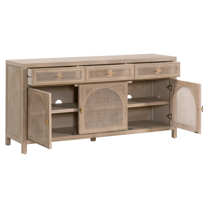 63" Lulu Coastal Beach Grey Oak Wood Woven Cane Panel 3 Drawer 3 Door Sideboard