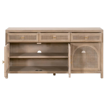 63" Lulu Coastal Beach Grey Oak Wood Woven Cane Panel 3 Drawer 3 Door Sideboard