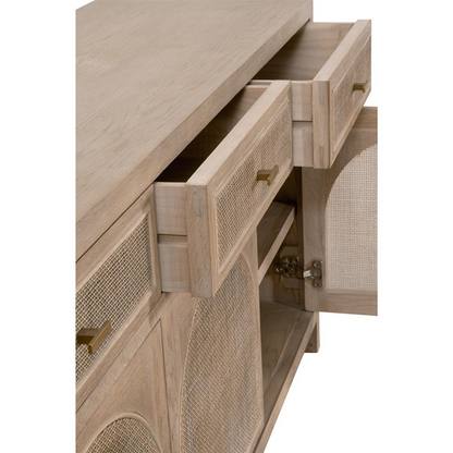 63" Lulu Coastal Beach Grey Oak Wood Woven Cane Panel 3 Drawer 3 Door Sideboard