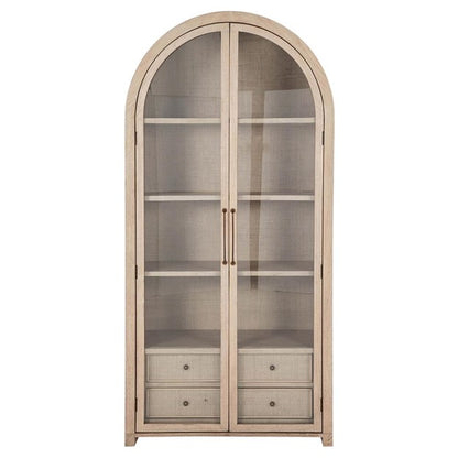Elsa Natural Wood Glass Door Woven Rattan Drawer China Arched Cabinet