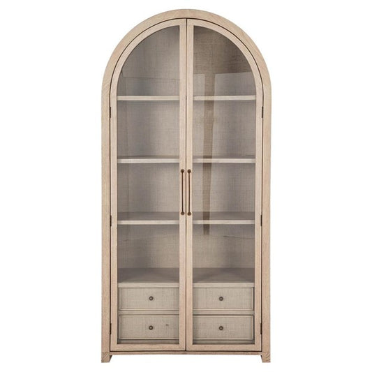 Elsa Natural Wood Glass Door Woven Rattan Drawer China Arched Cabinet