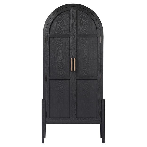 Ivan Mid Century Modern Black Oak Wood Brass Iron 2 Door China Arched Cabinet