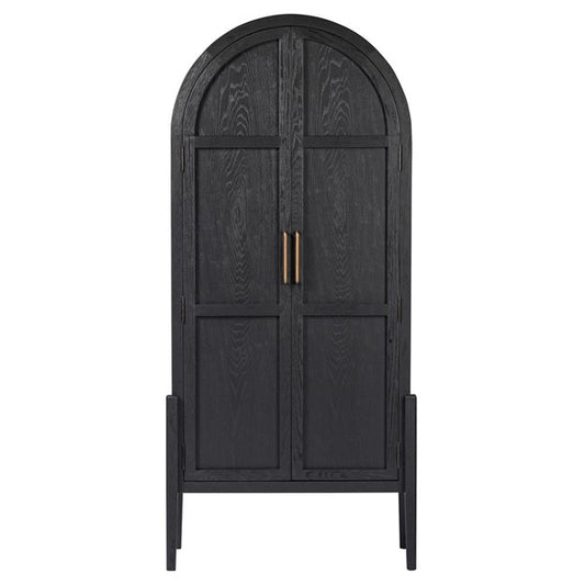 Ivan Mid Century Modern Black Oak Wood Brass Iron 2 Door China Arched Cabinet