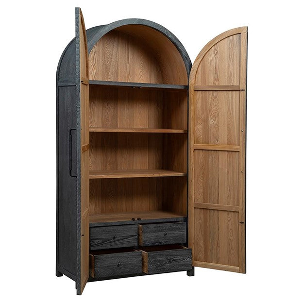 Kevin Coastal Beach Dark Grey Wood Woven Panel Arched Cabinet