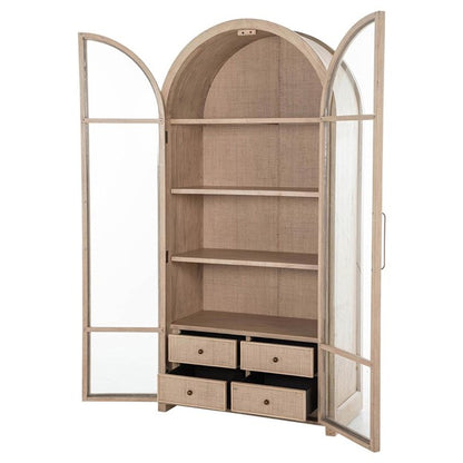 Elsa Natural Wood Glass Door Woven Rattan Drawer China Arched Cabinet