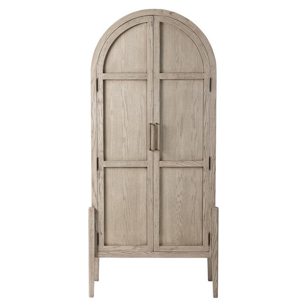 Ivan Mid Century Modern Natural Oak Wood Brass Iron 2 Door China Arched Cabinet