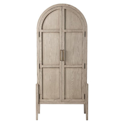 Ivan Mid Century Modern Natural Oak Wood Brass Iron 2 Door China Arched Cabinet