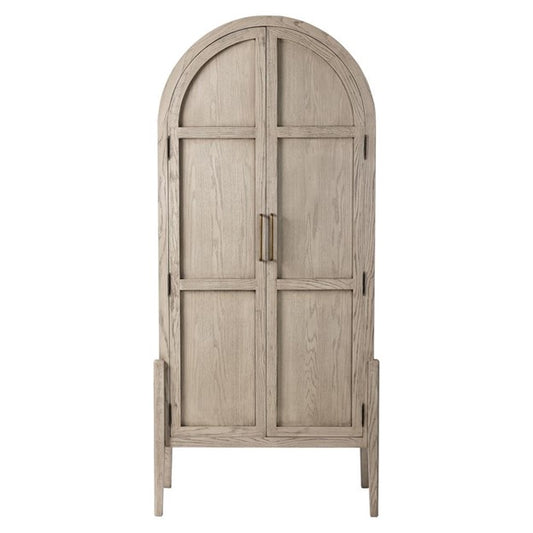 Ivan Mid Century Modern Natural Oak Wood Brass Iron 2 Door China Arched Cabinet