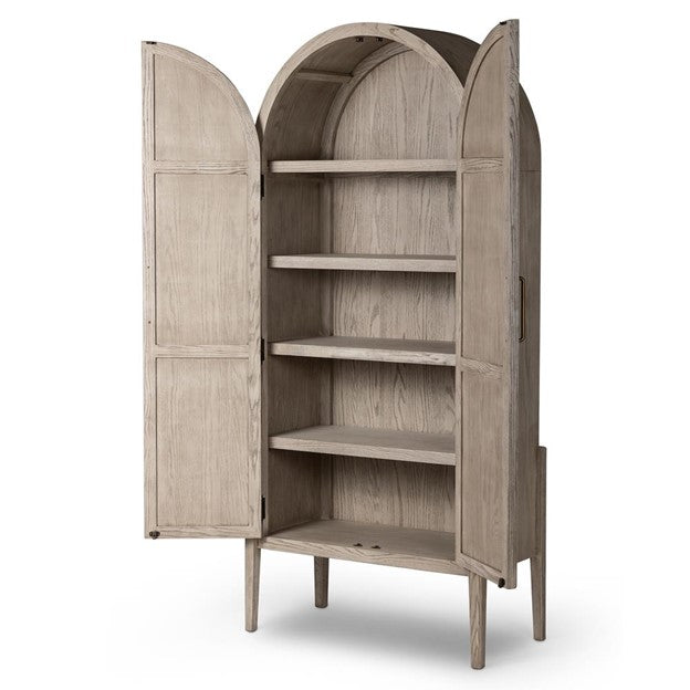 Ivan Mid Century Modern Natural Oak Wood Brass Iron 2 Door China Arched Cabinet