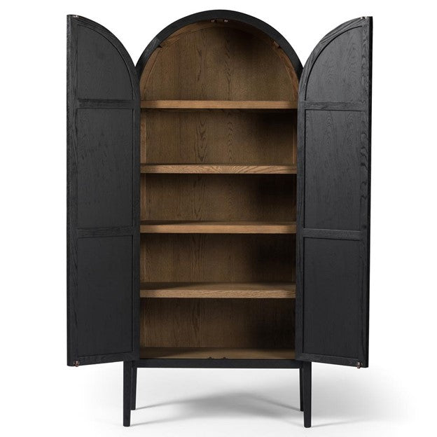 Ivan Mid Century Modern Black Oak Wood Brass Iron 2 Door China Arched Cabinet